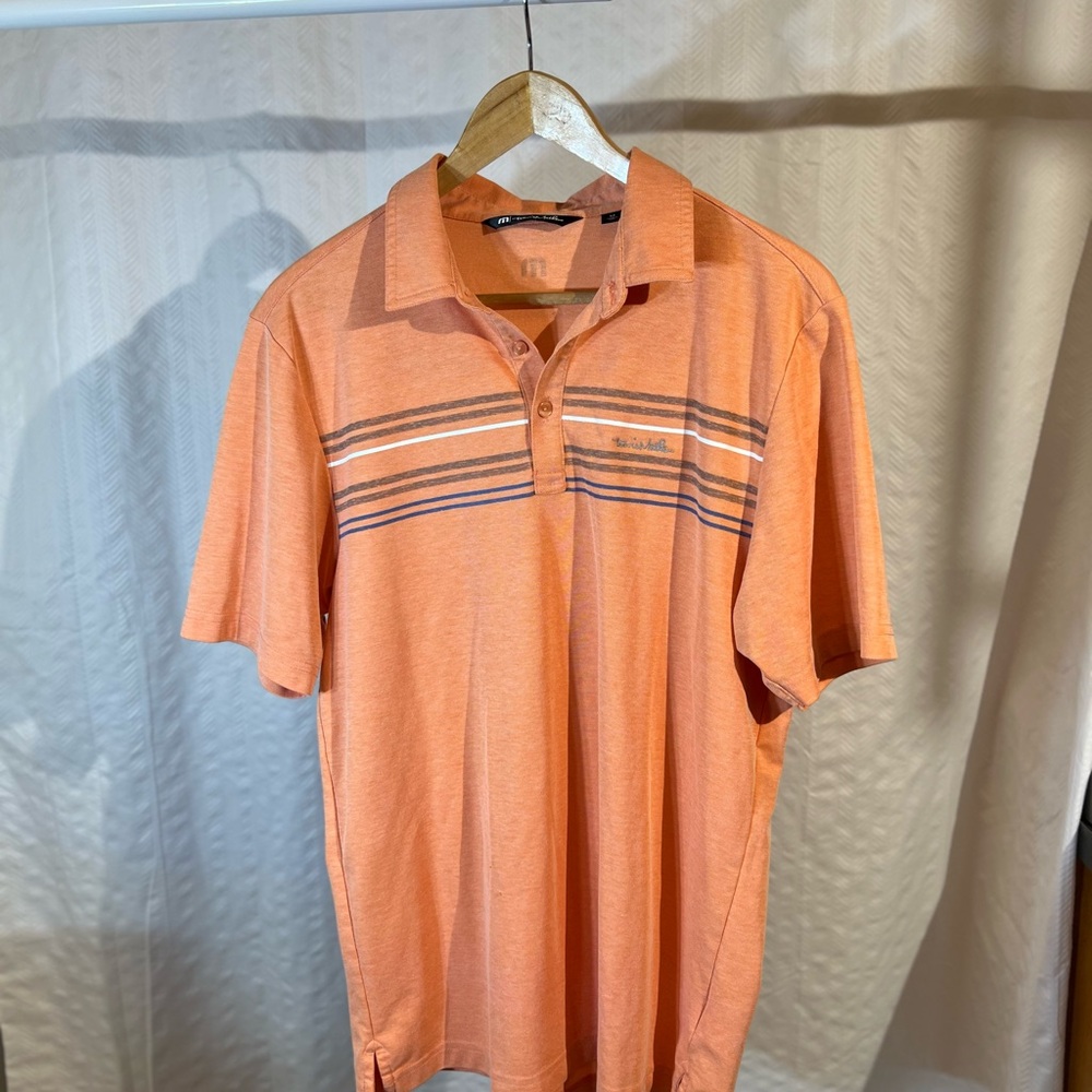 Travis Mathew Vibrant Orange Polo with Stripes Beck Collection Heather Striped